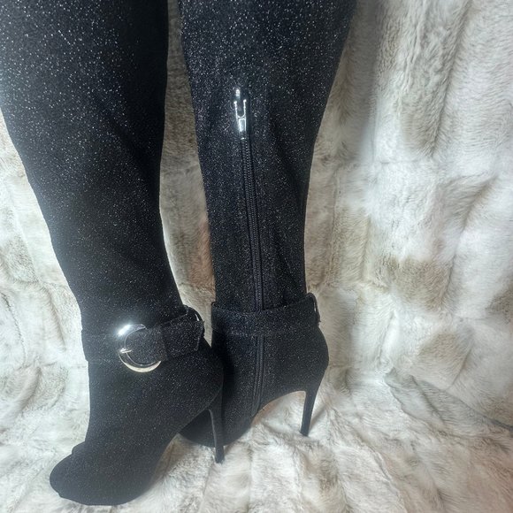 Glamour Chic Black Metallic Thread Stretch Over The Knee High Heel Boots - Picture 3 of 8